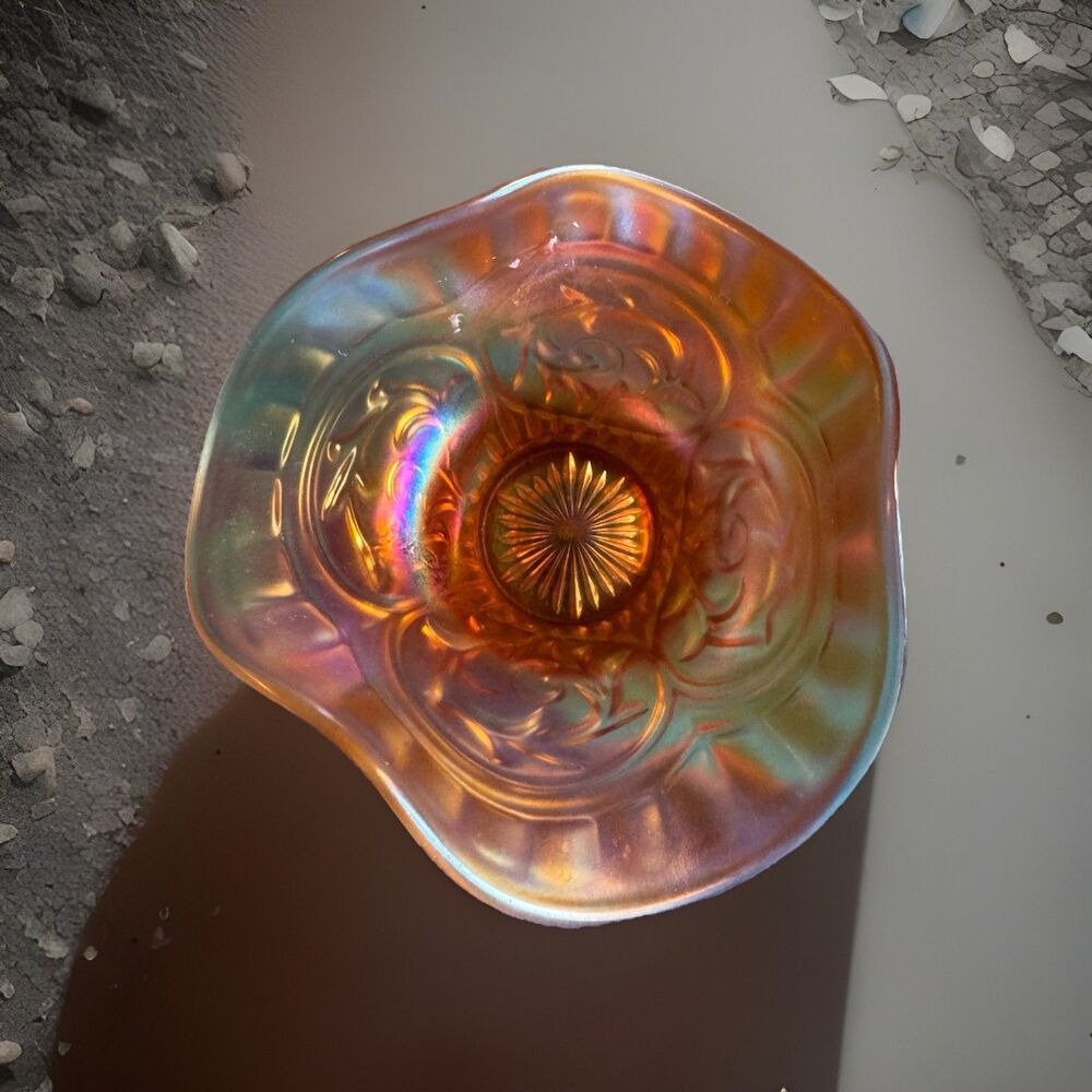 Dugan Circle Scroll Marigold Carnival Glass Tri-Corner Hat Bowl Iridescent 6"
